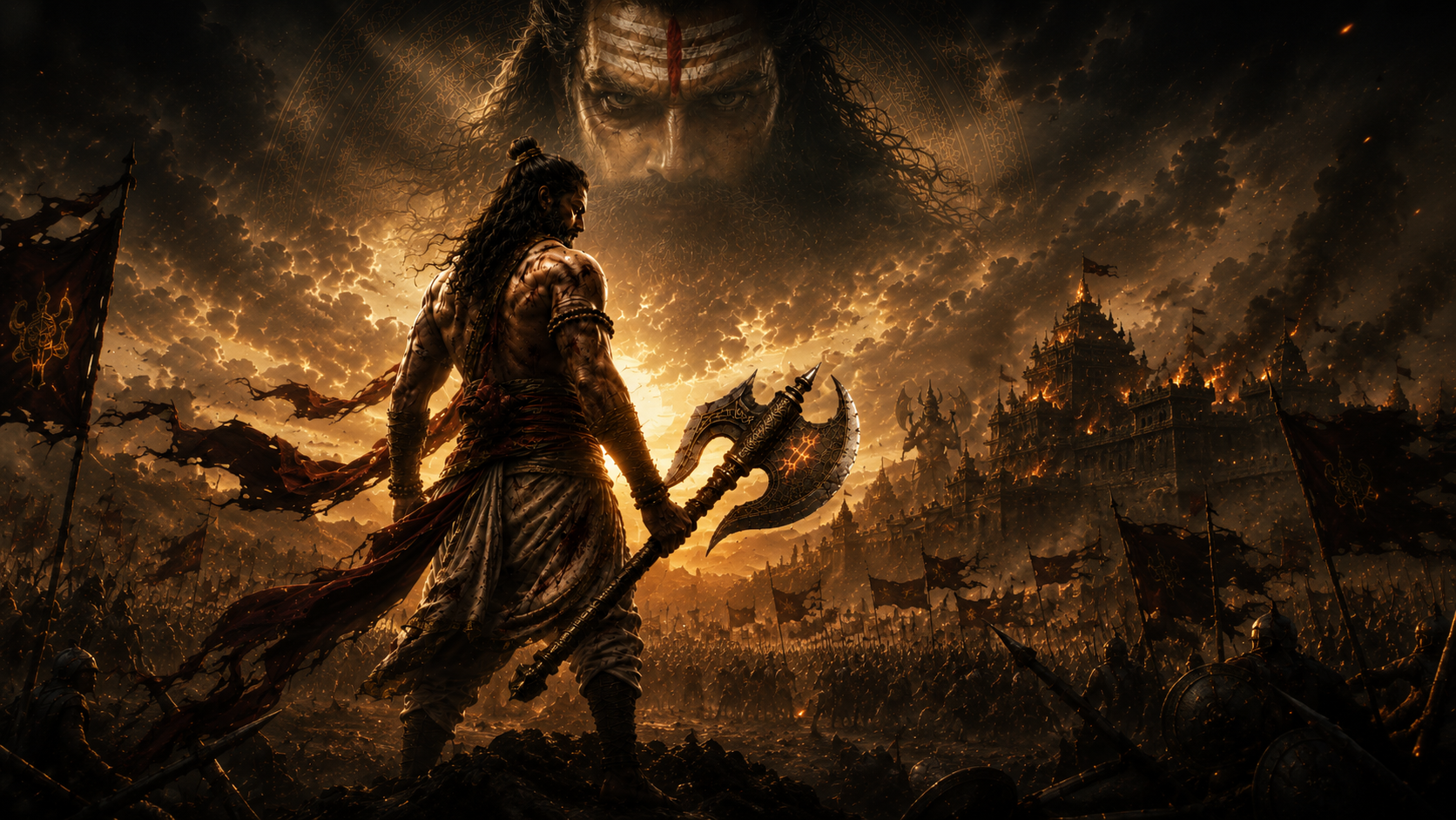 Parashurama stands before the burning kingdom as Shiva watches from the heavens
